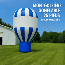 Montgolfière gonflable publicitaire bleu et blanc de 25 pieds installée sur terrain extérieur, modèle Proliko Amusements.